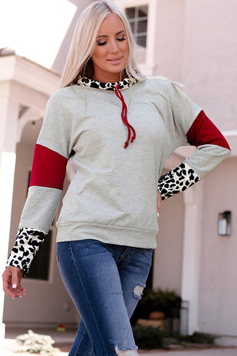 Leopard Color Block Drawstring Detail Sweatshirt