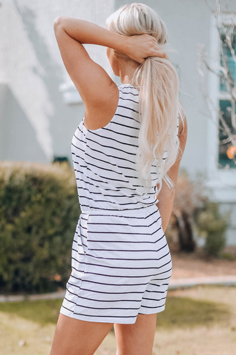 Striped Buttoned Sleeveless Romper with Pockets