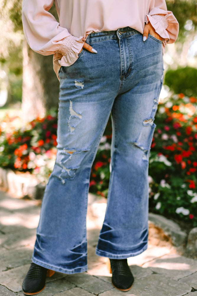 Plus Size Distressed Flare Jeans with Pockets