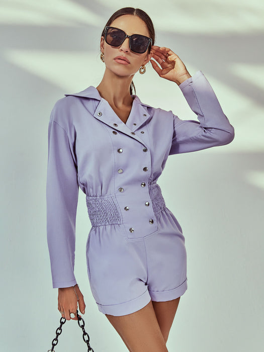 Buttoned Lapel Collar Smocked Romper
