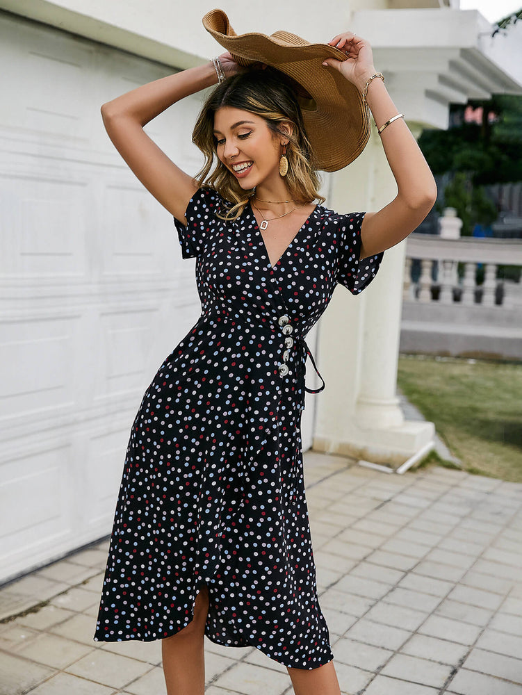 Multicolored Polka Dot Button Detail Tied Dress