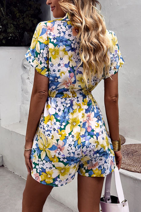 Floral Drawstring Lapel Collar Romper with Pockets