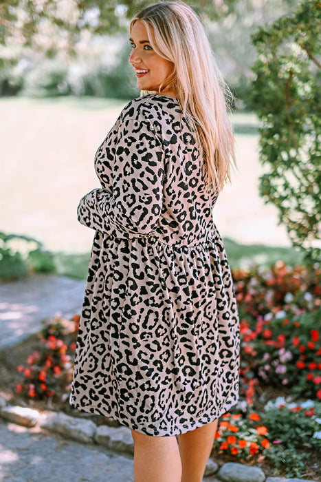 Plus Size Leopard Round Neck Flounce Dress
