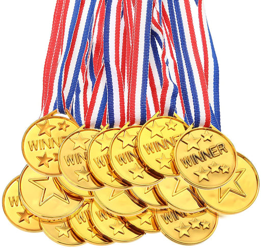 50 Pieces Children Plastic Gold Plastic Winner Medals Kids Golden Medals for Sports Day Awards Prizes Awards for Students