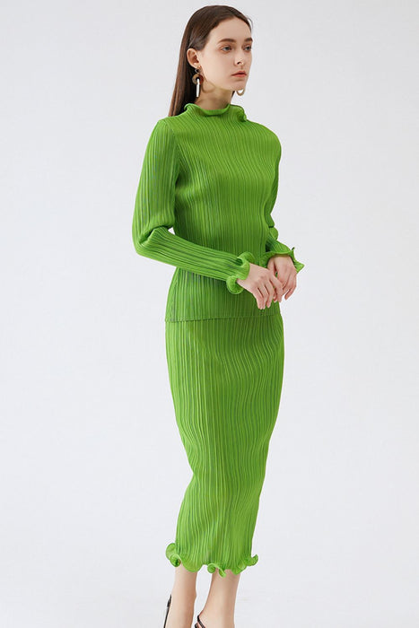 Lettuce Trim Accordion Pleated Top and Skirt Set