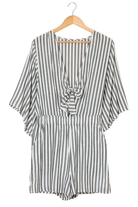 Striped Tie-Front Plunge Romper with Pockets