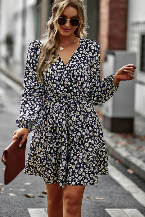 Floral Belted Puff Sleeve Mini Dress