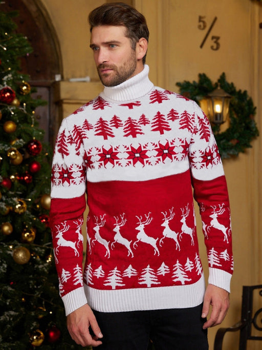 High Neck Christmas Theme Jacquard Couple Long Sleeve Sweater