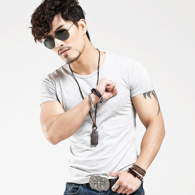 Men's Casual Short Sleeve V-Neck Slim Fit Muscle Shirts Tee