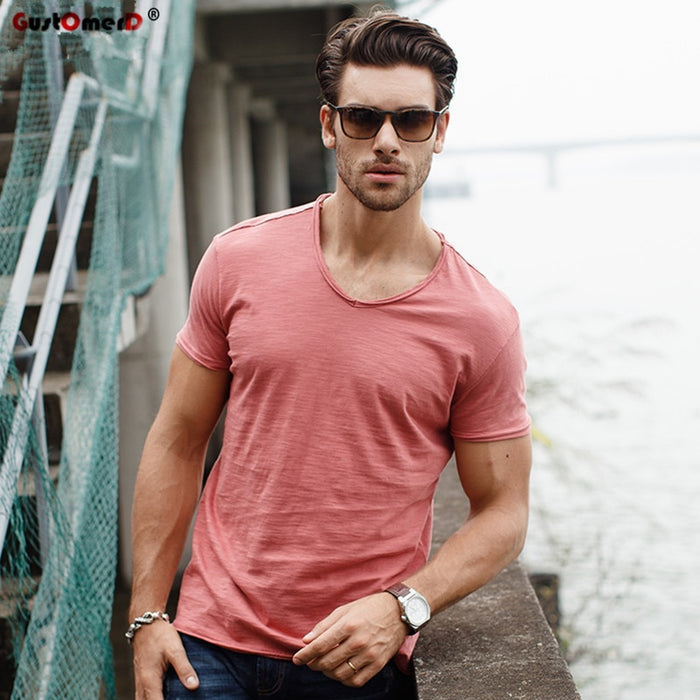 Men's V-neck Slim Fit Pure Cotton T-shirt Fashion Short Sleeve T shirt