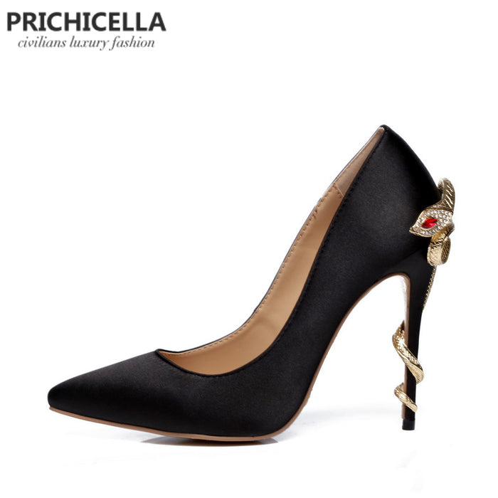 Satin Gold Mental Snake Unique Genuine Leather Pointed Toe High Heeled pumps