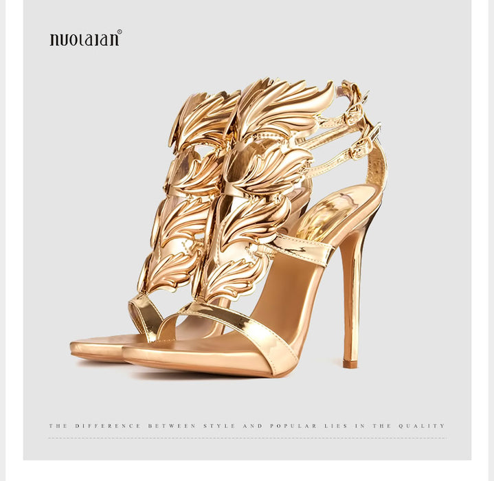 women high heel gold leaf flame gladiator sandals