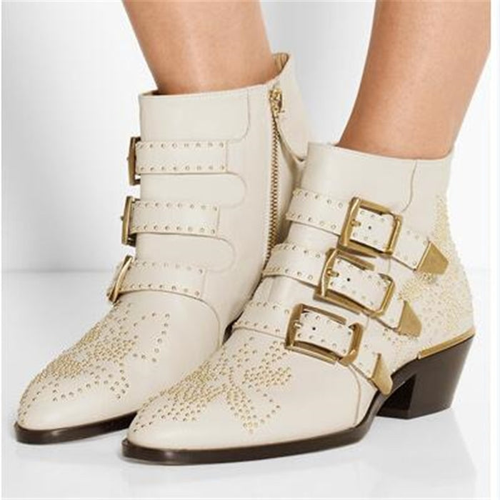 Susanna Studded Real Leather Ankle Rivet Flower Martin Luxury Velvet Boots