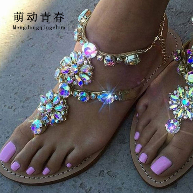 Woman Sandals Women Shoes Rhinestones Chains Thong Gladiator Flat Sandals
