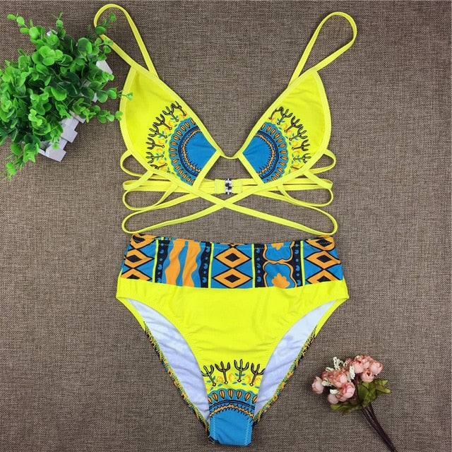 Tribal Print Women African Swimsuit High Waist Bikini Yellow Beach SwimWear