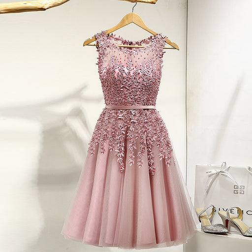 Illusion Flowers Beading A-line Knee Length Dinner Bridesmaids Dresses