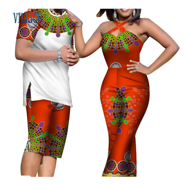 African Print Men Top and Pants Sets for Couple Clothing