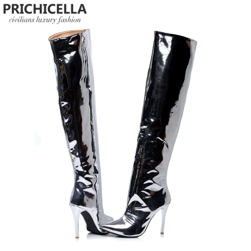 silver mirror leather pointed toe high heel over the knee boots