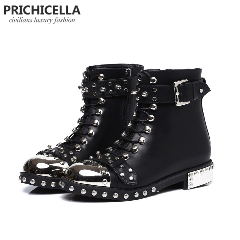 Genuine Leather Studded Lace up Ankle Boots