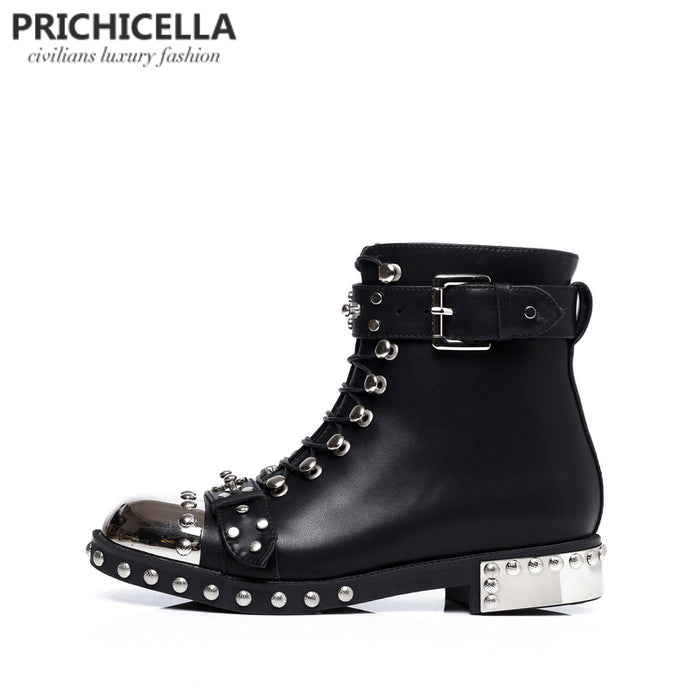 Genuine Leather Studded Lace up Ankle Boots