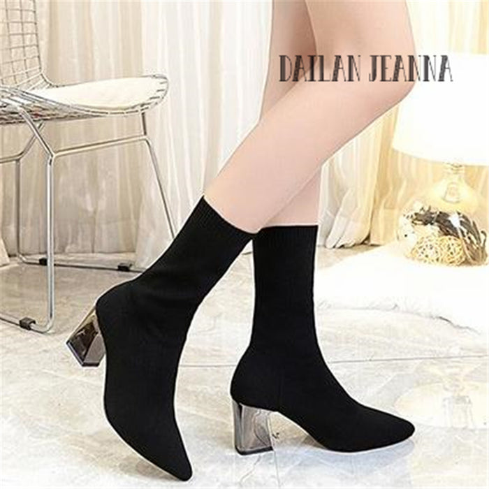 Cashmere Boots Rough with Pointed Shoes Bare Boots High-Heeled Knitted Socks Boots Stretch Boots Women's Shoes