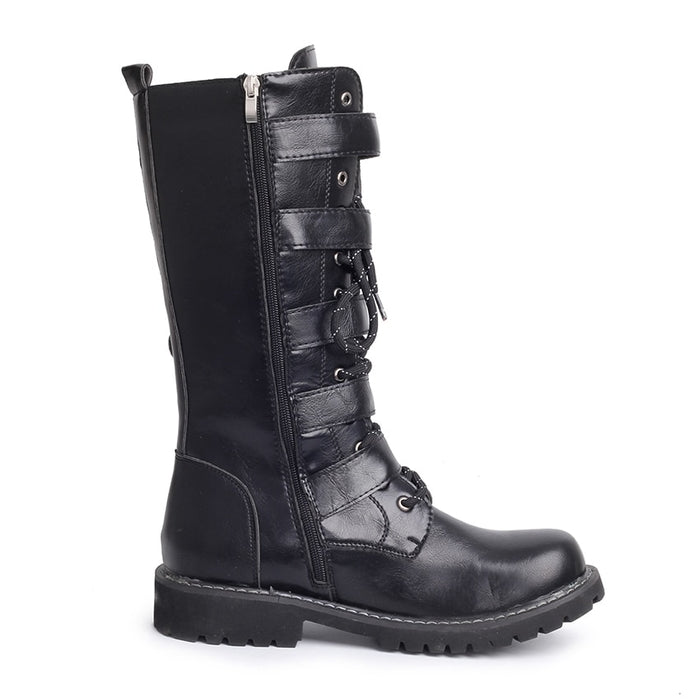 Men High Military Combat Boots Metal Buckle Punk Mid Calf Male Motorcycle Boots