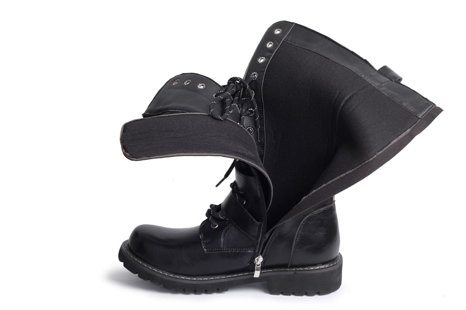 Men High Military Combat Boots Metal Buckle Punk Mid Calf Male Motorcycle Boots