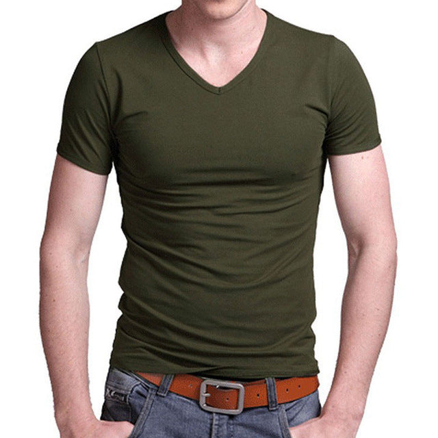 O,V-neck short sleeved cotton stretch Lycra tight black white slim men's tshirt