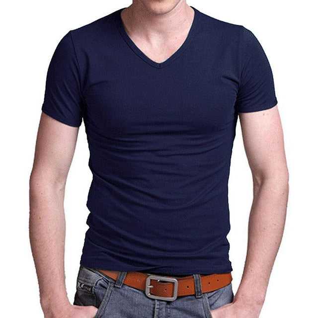 O,V-neck short sleeved cotton stretch Lycra tight black white slim men's tshirt