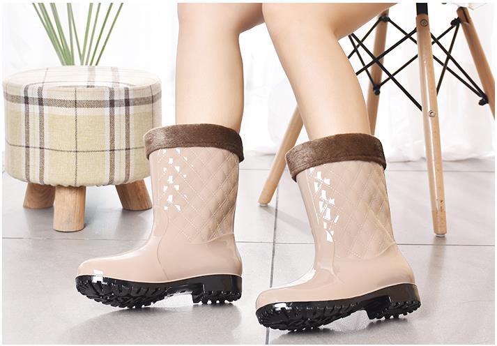 Women Non-slip PVC Waterproof Water Shoes Mid-Calf Rainboots Winter Warm Inserts