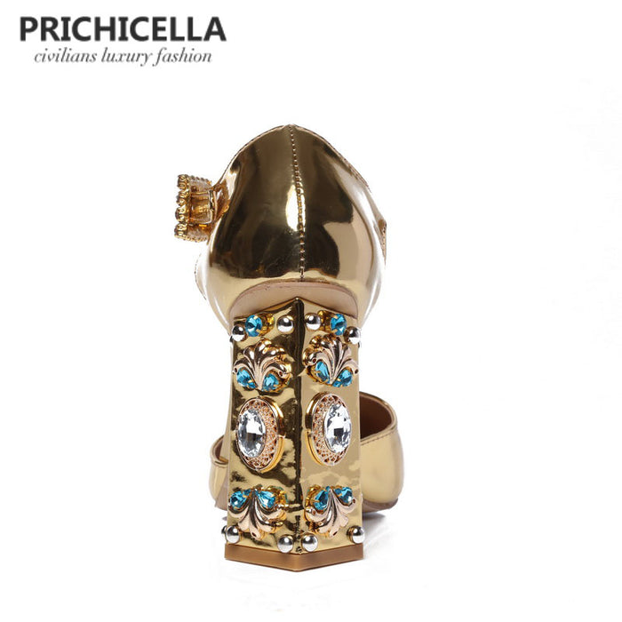 Unique Gold Leather Embellished Chunky Heel Buckle Strap Sandals