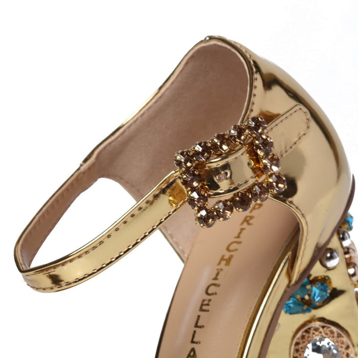 Unique Gold Leather Embellished Chunky Heel Buckle Strap Sandals