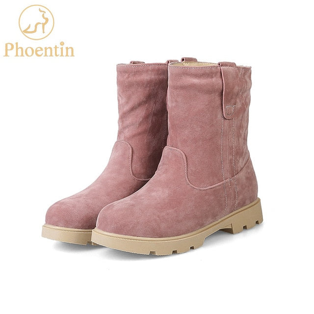 Pink snow boots plush inside slip-on mid-calf flock womens boots
