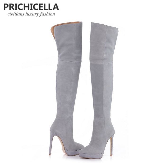 14cm stiletto high heel grey suede platform thigh high riding Boots