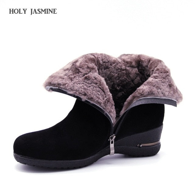 2018 Winter New Warm Wool Fur Ankle Boots Genuine Wool Full Grain Leather Long Plush Snow Boots Women High Quality Wedges Shoes