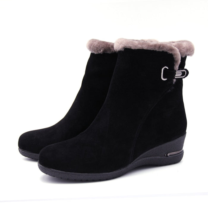 Warm Wool Snow cow Leather Women Genuine Leather Wedges Non-slip Boots