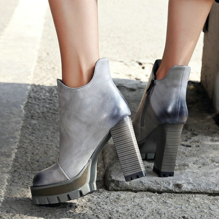 Women Fashion Punk Square High Heel Ankle Round Toe Women Platform Boots