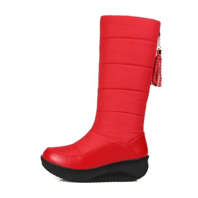 Snow platform patent leather high quality tassel footwear cotton mid calf winter boots