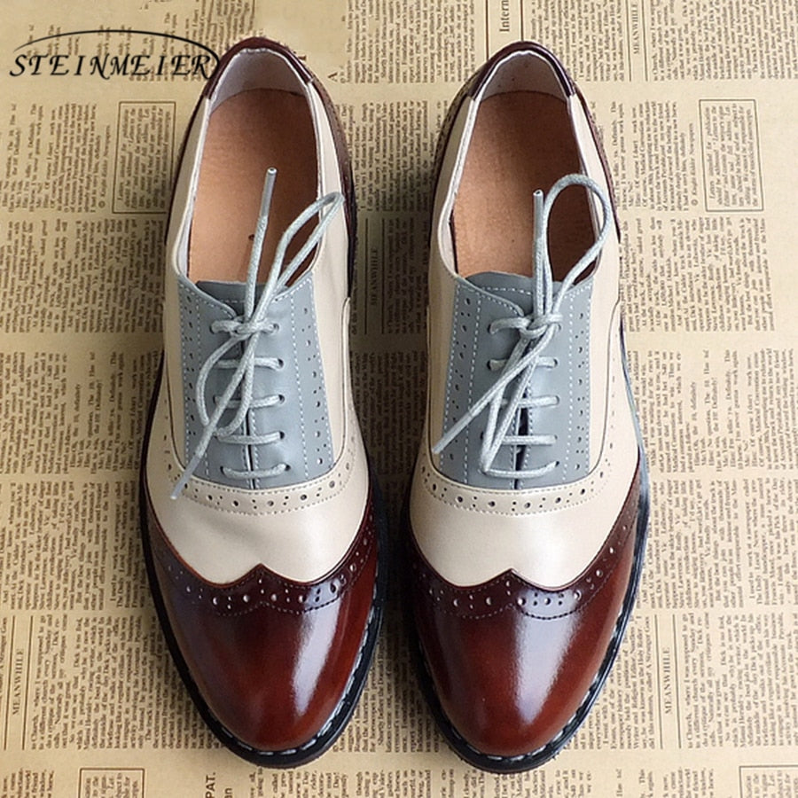women genuine leather oxford shoes vintage handmade laces loafers