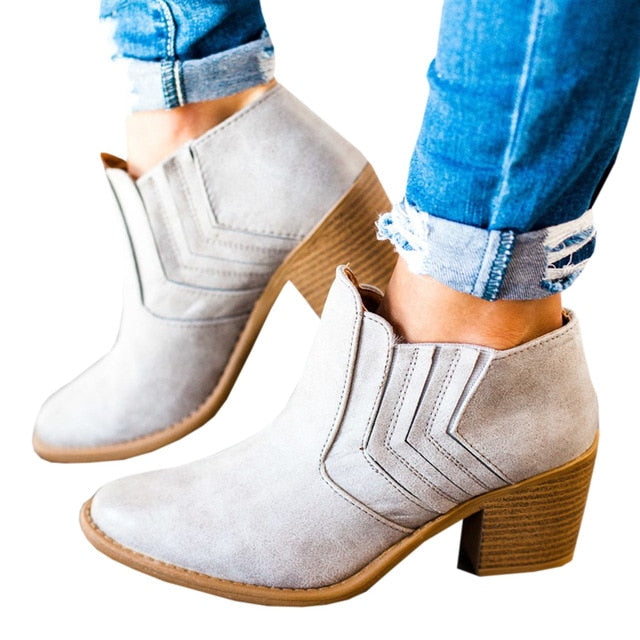 Women Ankle Boots Block High Heels Retro Leather Booties