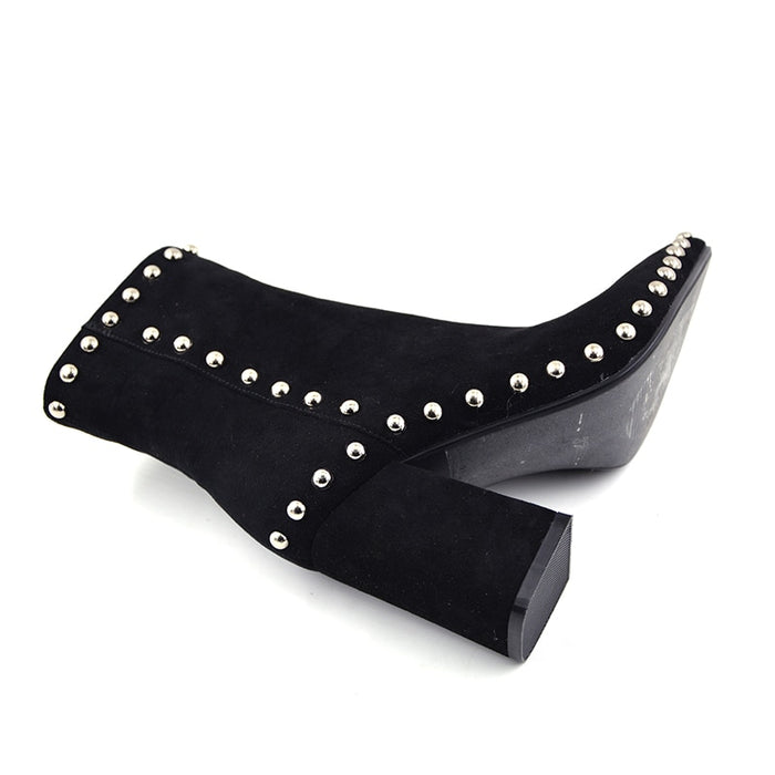 New Flock Leather pointed toe heel women Rivets High Heel Ankle Boots