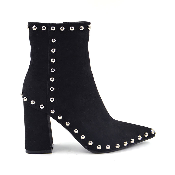 New Flock Leather pointed toe heel women Rivets High Heel Ankle Boots