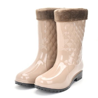 Women Non-slip PVC Waterproof Water Shoes Mid-Calf Rainboots Winter Warm Inserts