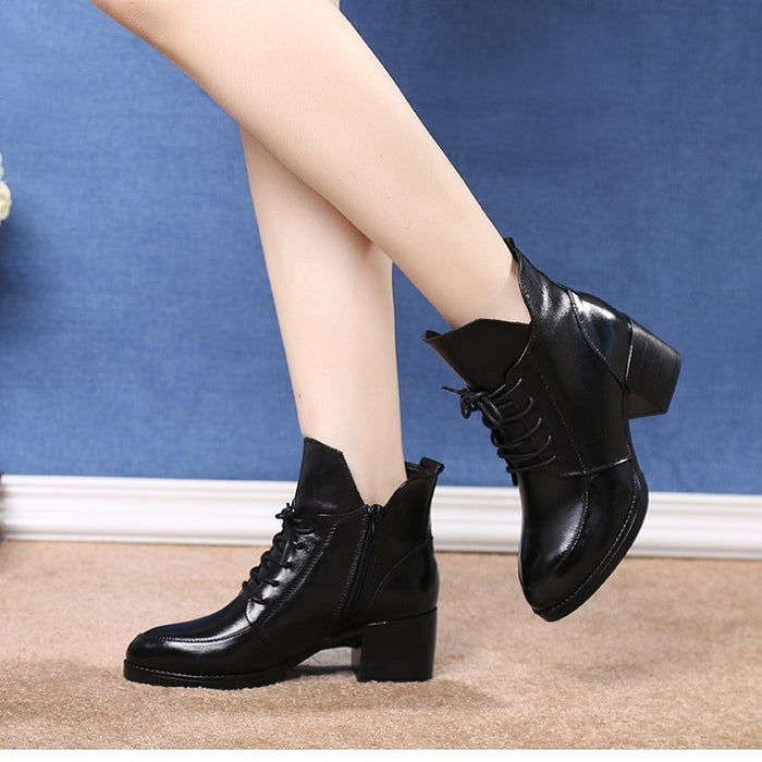 Genuine Leather Thick Heel Women Boots